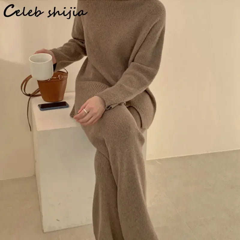 Chic Coffee Sweater + Wide Leg Pants Women Thicken