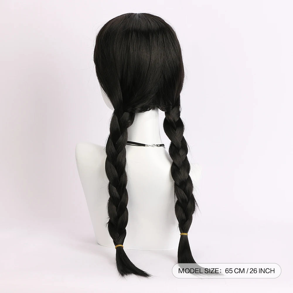 Wednesday Addams 👻🎃 Cosplay Wig Long Black Braids Hair Heat Resistant Synthetic Wigs with Bangs for Halloween Party