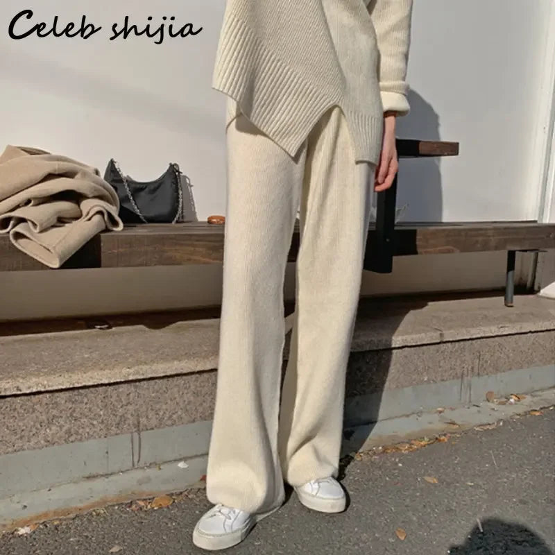 Chic Coffee Sweater + Wide Leg Pants Women Thicken