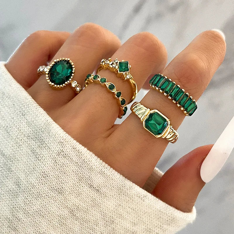 Sets Crystal Rings Set for Women Gold Plated Vintage Aesthetic Geometric Luxury Lady Jewelry Gifts 2024 Fashion New Rings