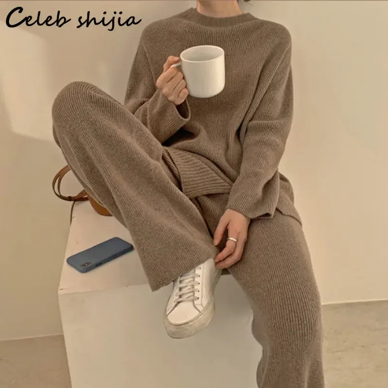 Chic Coffee Sweater + Wide Leg Pants Women Thicken