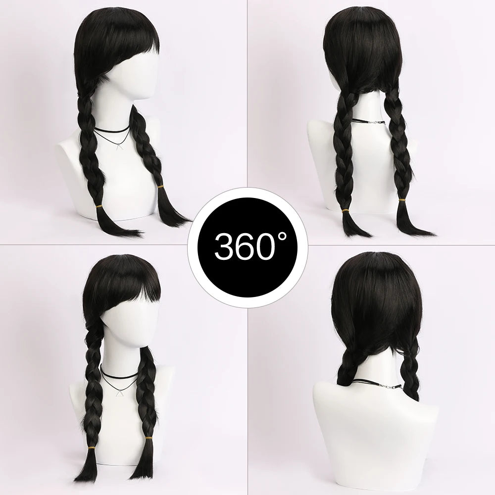 Wednesday Addams 👻🎃 Cosplay Wig Long Black Braids Hair Heat Resistant Synthetic Wigs with Bangs for Halloween Party