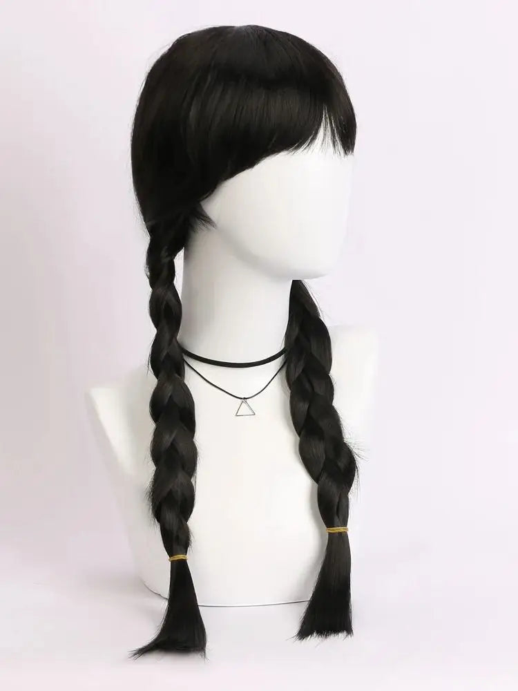 Wednesday Addams 👻🎃 Cosplay Wig Long Black Braids Hair Heat Resistant Synthetic Wigs with Bangs for Halloween Party