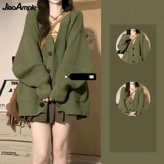 Women's Autumn Winter Chic Green Sweater Cardigan