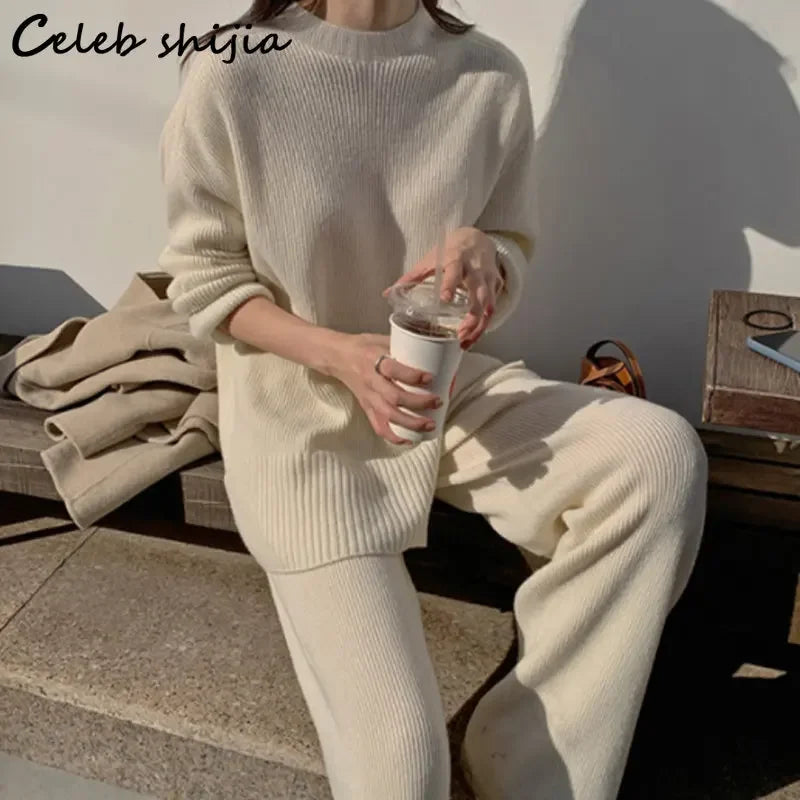 Chic Coffee Sweater + Wide Leg Pants Women Thicken